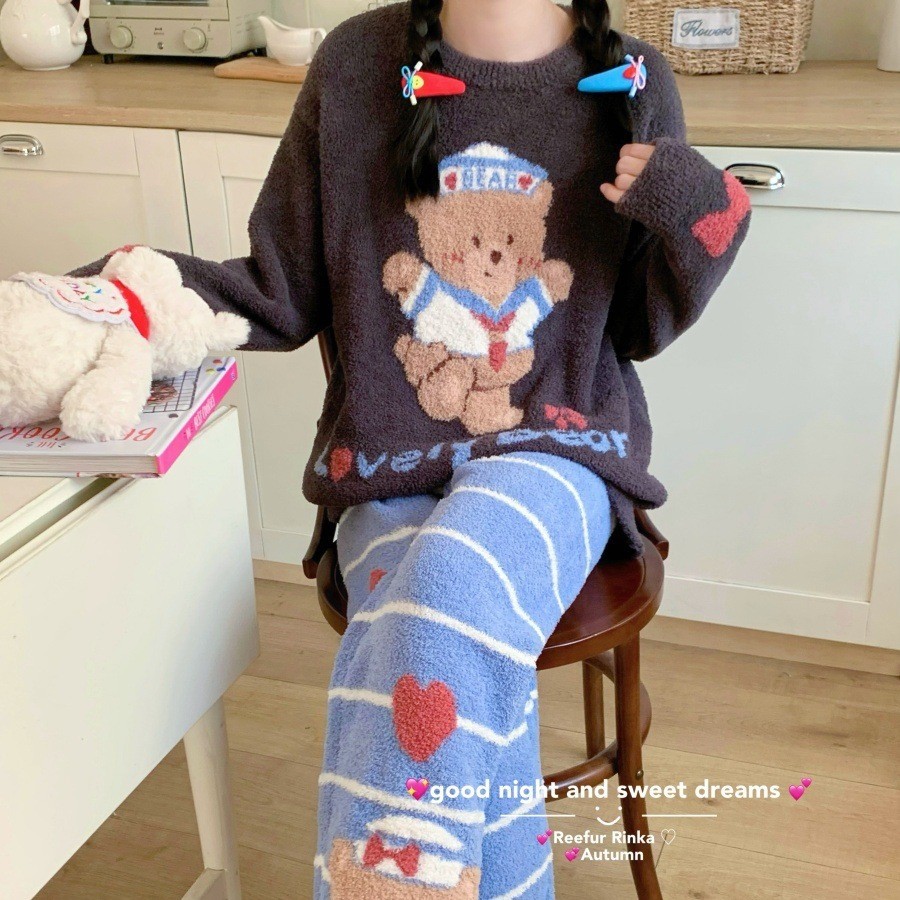 Reefur Rinka梨花家新款加厚保暖睡衣长袖套装卡通小熊家居服女