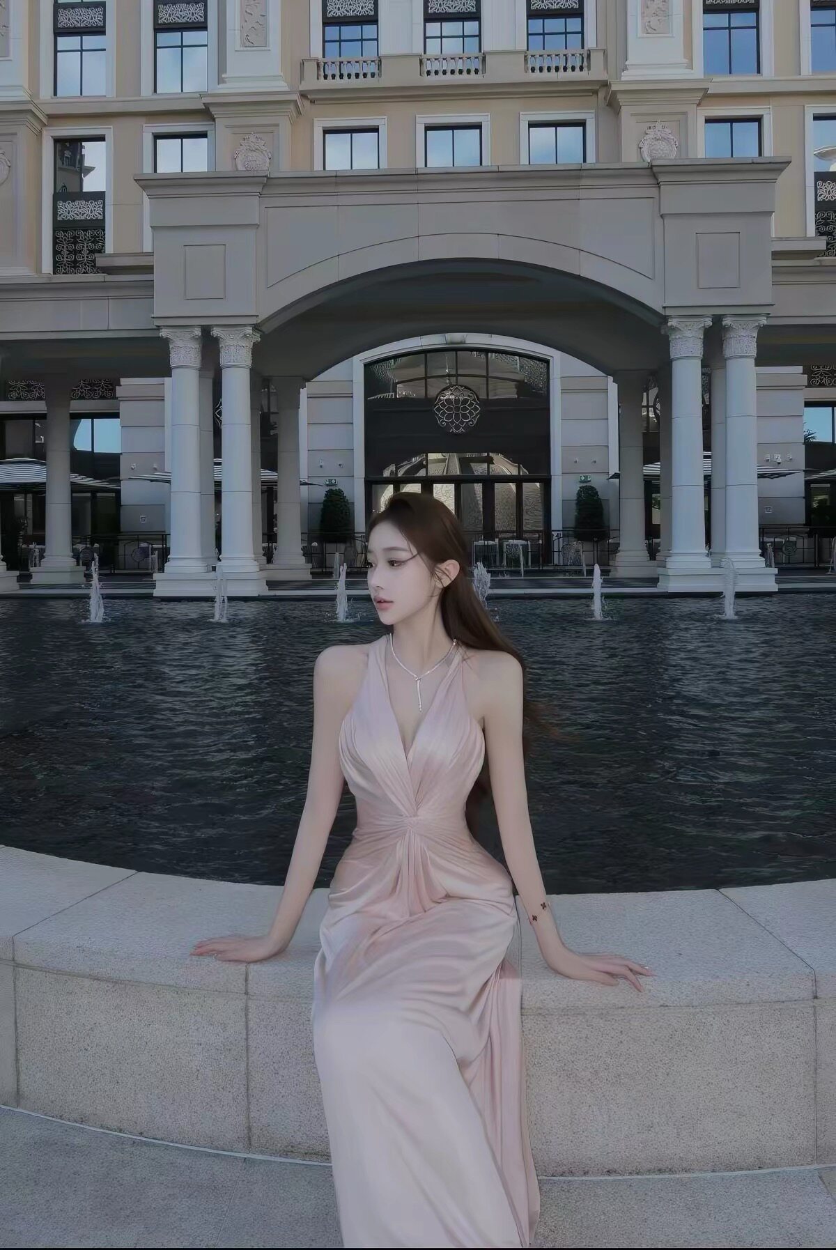香槟粉可调节深V领礼服裙名媛性感露背生日拍照扭结连衣裙女