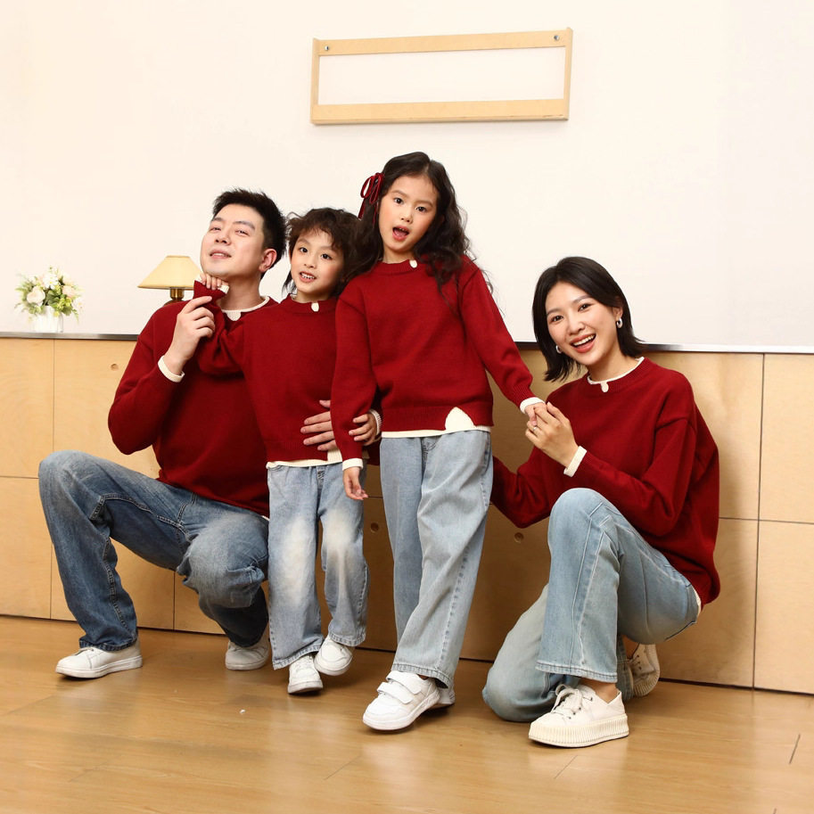 一家三口四口亲子装全家装母女亲子红色假两件套毛衣秋冬装亲子,童装/婴儿装/亲子装,亲子装/亲子时装,淘宝优惠券,粉丝福利购,淘宝优惠卷