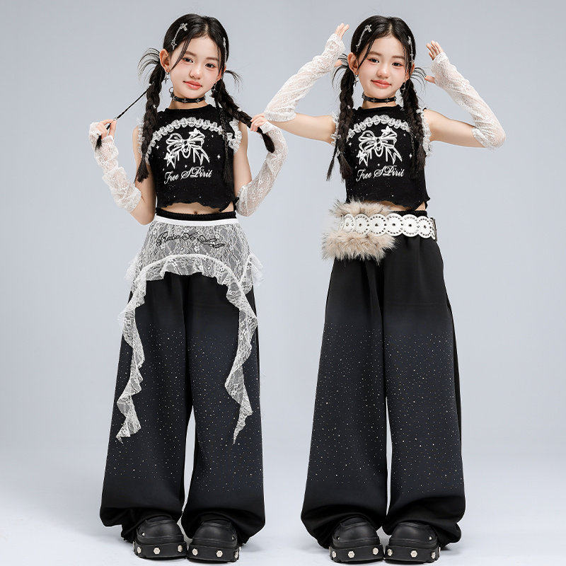 爵士舞女童服装露脐背心蝴蝶结表演服套装时髦jazz走秀街舞潮服女