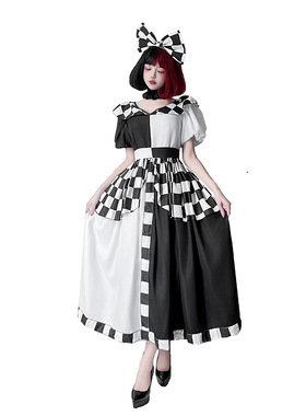 万圣节服装米奇黑白色格子女装表演服爱丽丝cos女仆小丑公主裙
