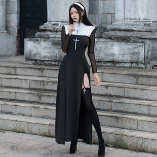 万圣节修女cos服装性感连衣裙圣母玛利亚牧师角色装扮舞会表演服