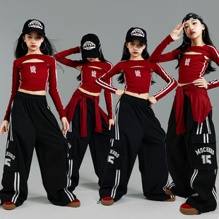 女童红爵士舞服装儿童街舞练功服套装少儿女孩jazz上衣裤子演出服