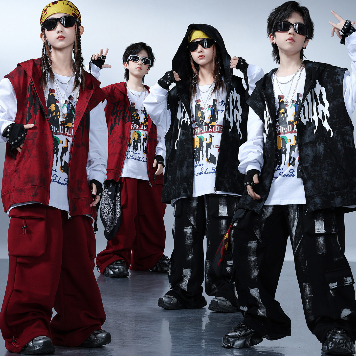 儿童嘻哈街舞潮服男童架子鼓美式连帽坎肩外套装女童爵士舞演出服