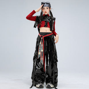 少儿爵士舞服装露脐黑红亮片皮裤套装女童jazz街舞潮服元旦演出服
