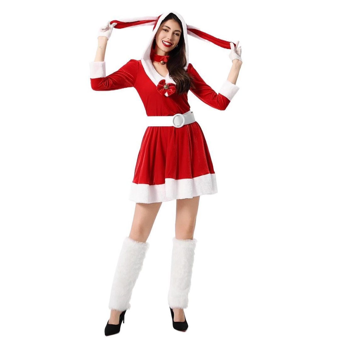 2025欧美跨境圣诞节服装圣诞老人红色兔女郎兔子装制服派对连衣裙