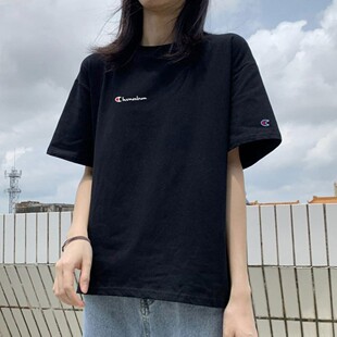 日版冠军纯棉质黑色圆领短袖t恤男女夏装宽松显瘦休闲潮版上衣