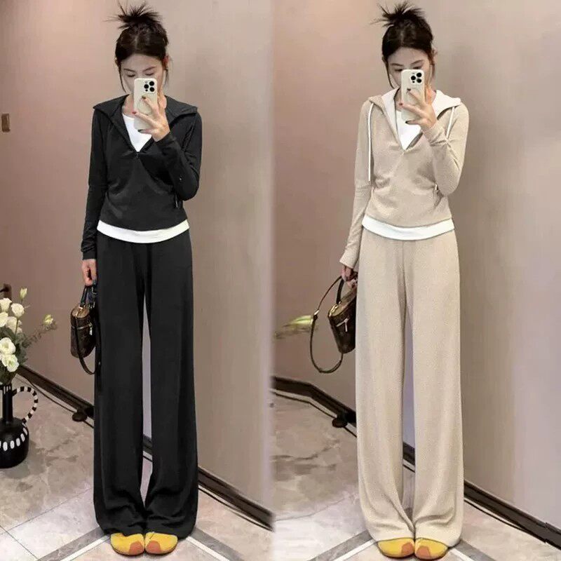 慵懒风假两件连帽卫衣套装女秋季显瘦阔腿裤运动长袖休闲两件套