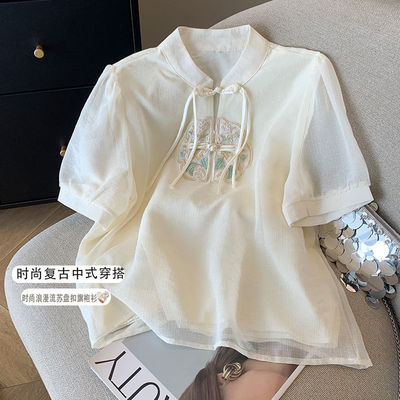 新中式国风雪纺刺绣衬衫女夏季