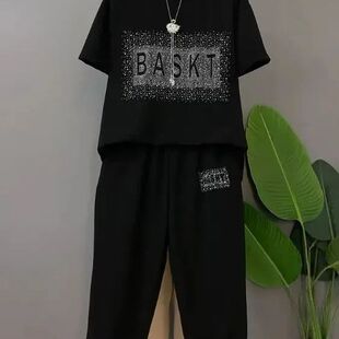 女装 两件套遮肉显瘦哈伦裤 宽松短袖 休闲套装 烫钻胖mm洋气 套装 大码