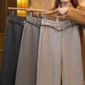 女秋冬2025新款 高腰休闲糯米裤 加绒窄版 醋酸羊毛直筒裤 毛呢阔腿裤