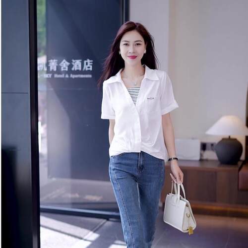 时尚休闲衬衫女假两件短袖上衣