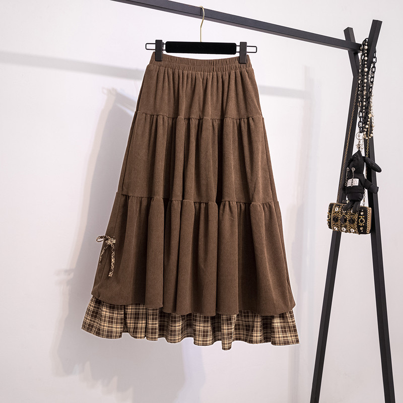 美拉德咖色灯芯绒格子半身裙女秋冬大码胖mm高腰A字中长款蛋糕裙,女装/女士精品,半身裙,淘宝优惠券,粉丝福利购,淘宝优惠卷