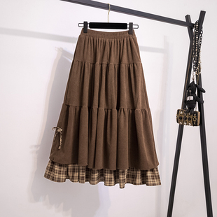 美拉德咖色灯芯绒格子半身裙女秋冬大码 蛋糕裙 胖mm高腰A字中长款