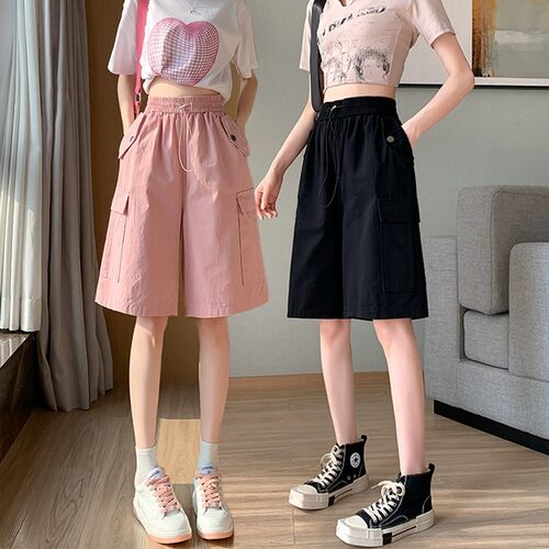 薄款冰丝阔腿工装裤子女2026年夏季新款小个子高腰宽松五分直筒裤