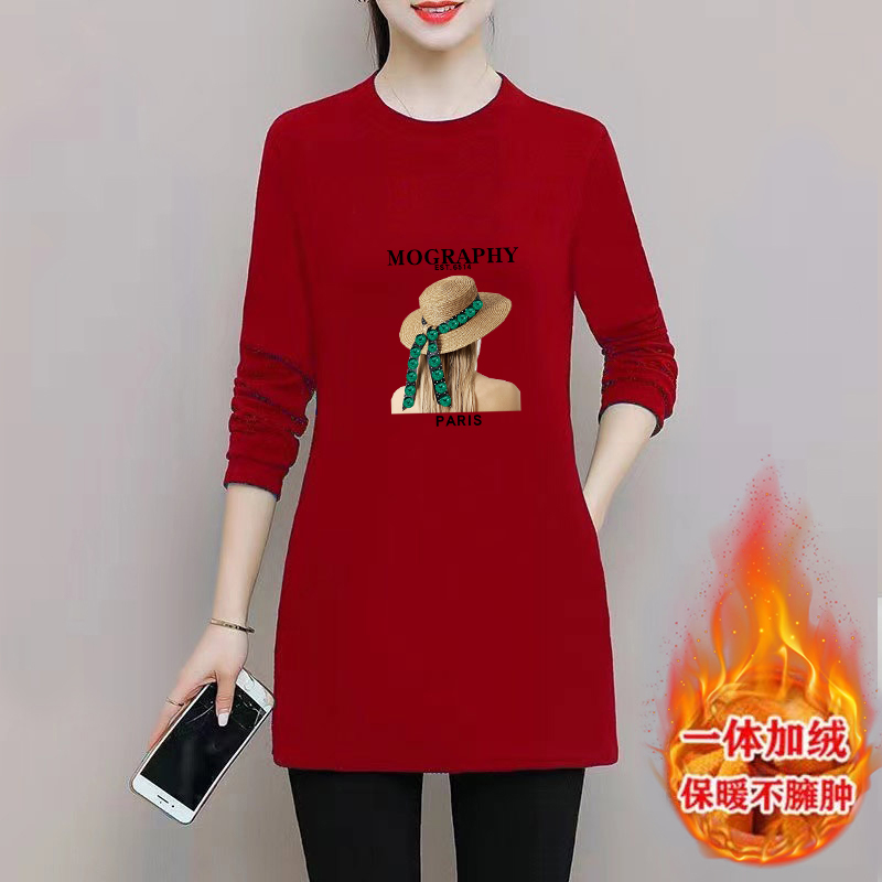 双面德绒女士秋冬季加绒加厚长袖外穿T恤裙遮肚显瘦保暖衣尺码潮
