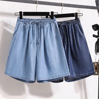 天丝牛仔短裤女夏季2025新款大码冰丝薄款松紧腰百搭阔腿五分裤潮