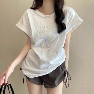 欧洲站新款夏天辣妹潮牌短袖白色t恤女烫钻猫咪宽松中长款上衣女