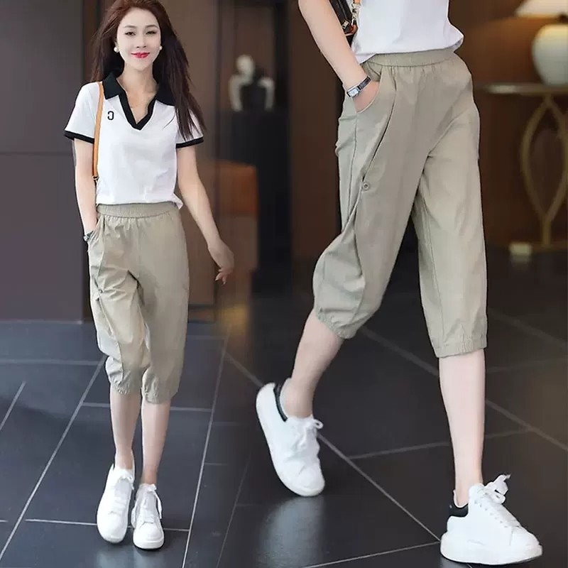 冰丝休闲裤女夏季薄款2026新款运动速干松紧腰七分哈伦裤大码女裤