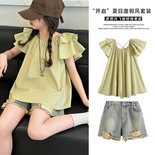 女童夏装套装新款洋气时髦小女孩娃娃衫儿童夏季上衣破洞牛仔短裤