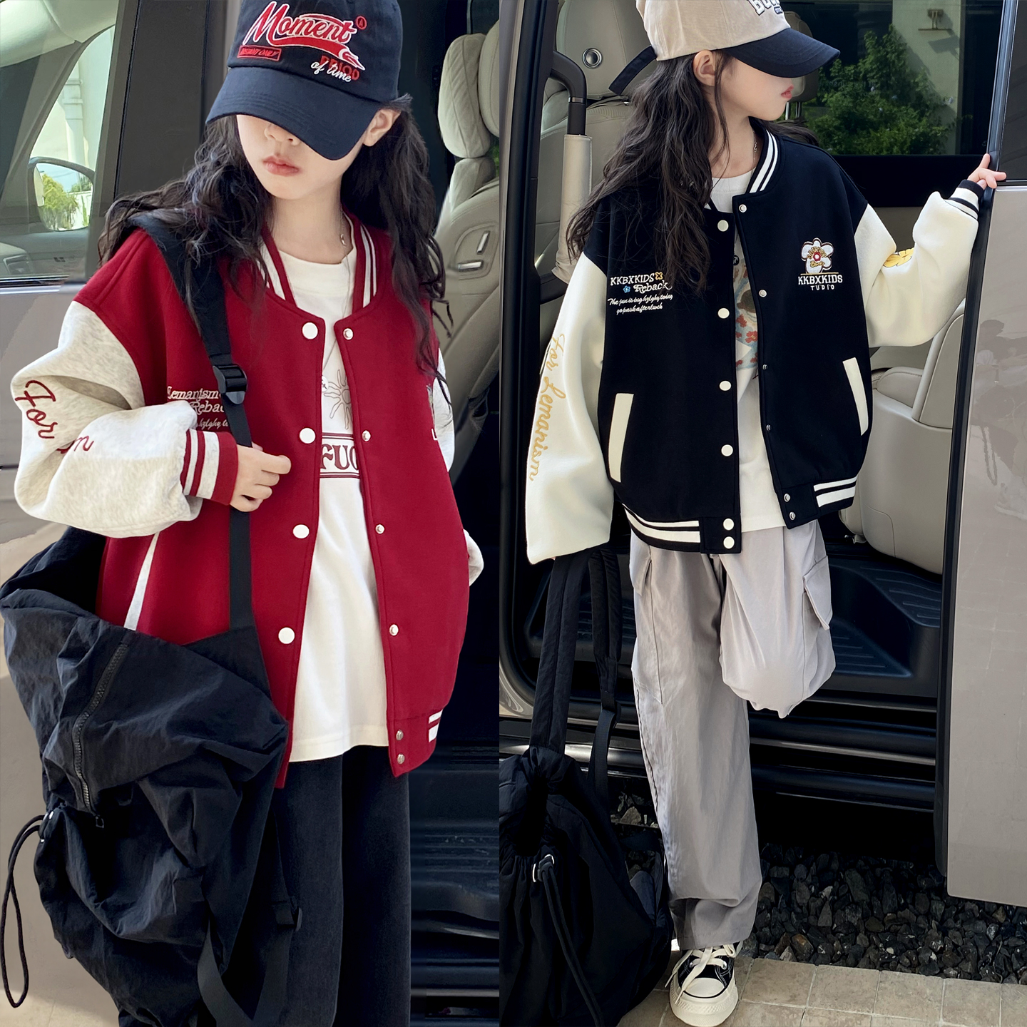 女童秋季时尚字母拼色棒球服外套