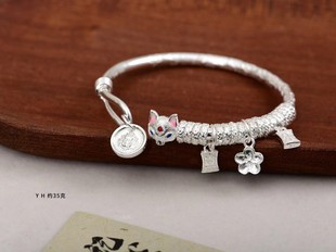 黄财神盘缠999纯银手镯女小众平安喜乐吉言如意足银镯子银饰礼物