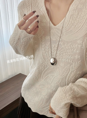 韩系温柔重工蕾丝钩花v领纯欲风百搭气质针织衫蕾丝衫75166
