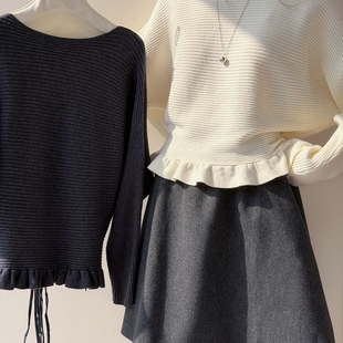 韩系甜美减龄设计感木耳花边系带收腰显瘦针织衫 坑条纹毛衣J950C