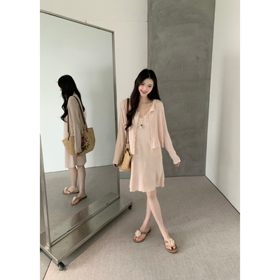 grapestone葡萄籽韩系甜美显瘦显白针织开衫+吊带连衣裙套装26156