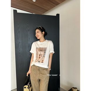 i-D sisters 韩系复古印花正肩显瘦短袖T恤(不含下装)8812