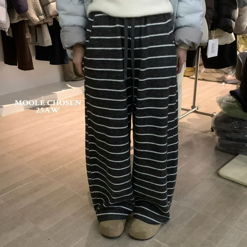 MOO LE 韩系复古风条纹宽松百搭显瘦抽绳布标拼色加绒休闲裤99370