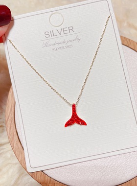 清意银饰通体S925纯银微镶锆石红色鱼尾个性小众锁骨项链女百搭潮