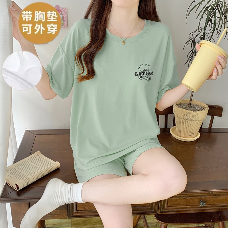莫代尔睡衣女夏季短袖小熊带胸垫可爱少女冰丝居家服大码休闲套装