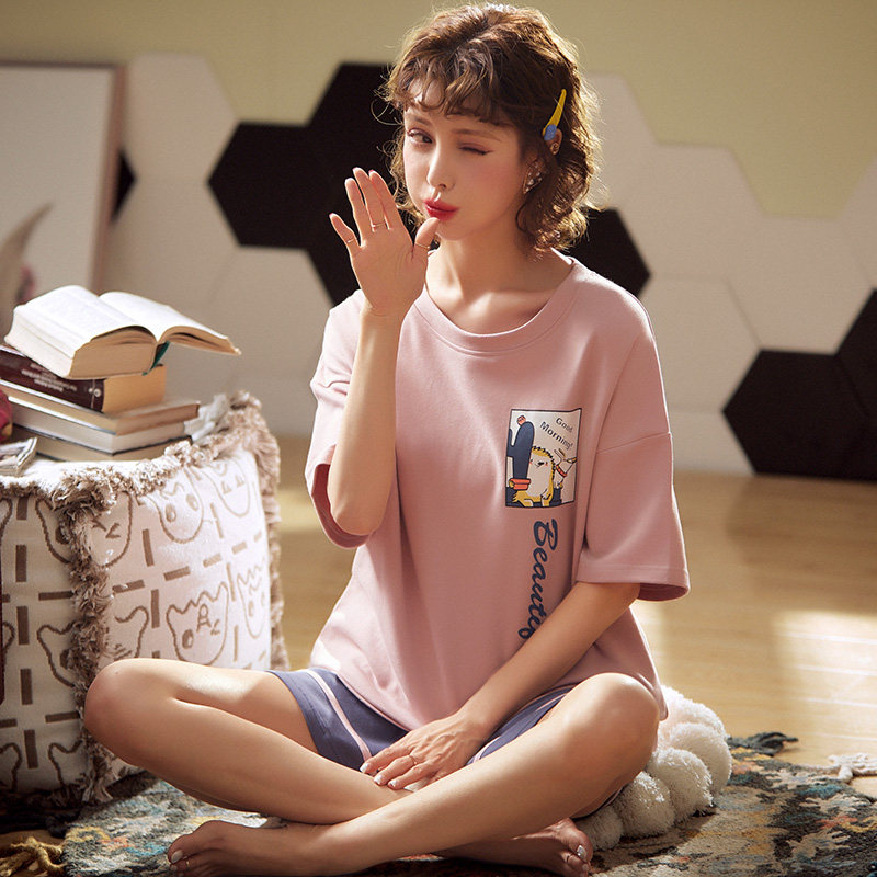 여성용 잠옷 여름 순수 코튼 반팔 한국식 여름 대형 얇은면 투피스 슈트 홈웨어 학생 여름