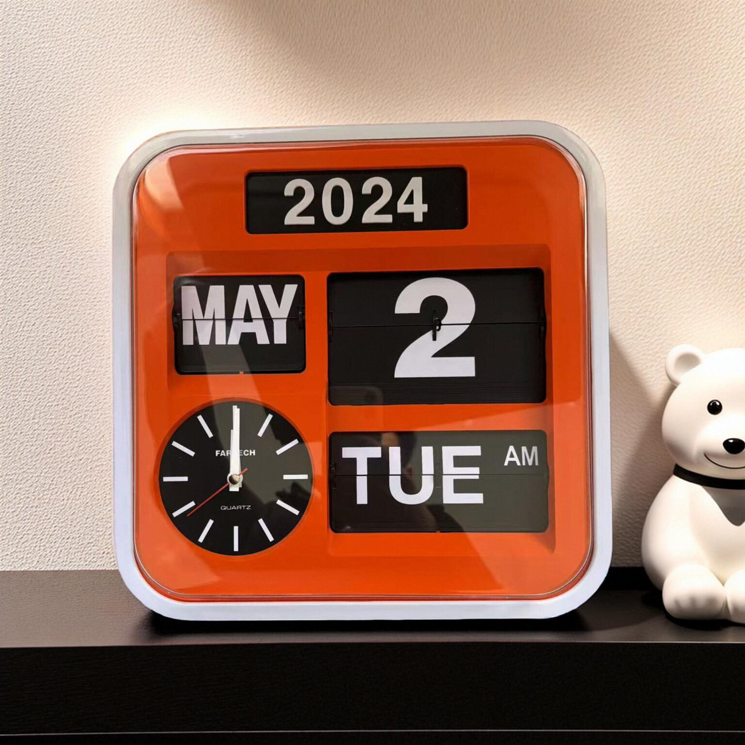 台湾Fartech全自动翻页钟表橙色32cm大钟面简约轻奢时尚翻页钟