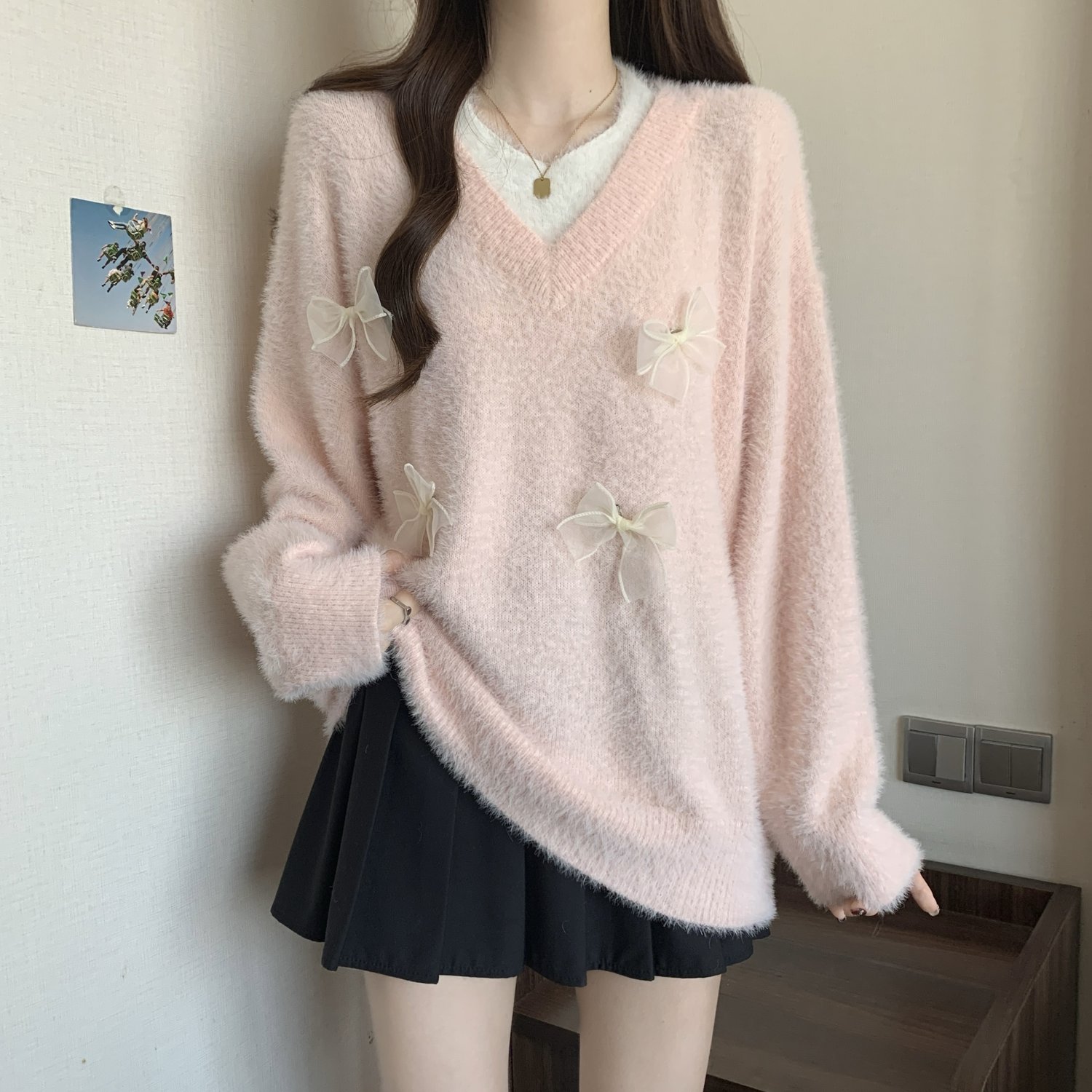 粉色假两件水貂绒毛衣大码针织衫