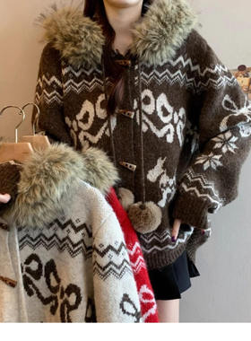 费尔岛复古牛角扣毛领针织开衫外套秋冬大码女装胖mm慵懒加厚毛衣