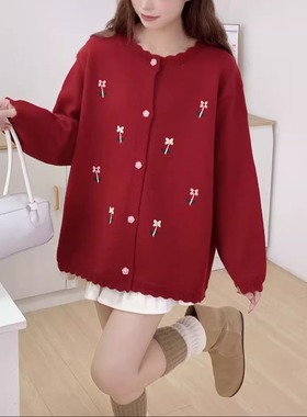 毛衣外套针织开衫大码女装微胖mm宽松显瘦慵懒绣花重工设计感上衣