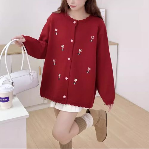 毛衣外套针织开衫大码女宽松绣花