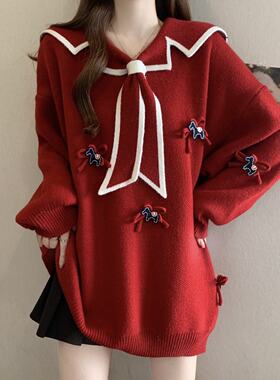 红色大码女装微胖mm海军领立体装饰针织衫套头毛衣宽松慵懒风减龄
