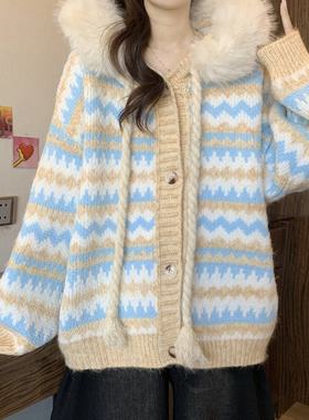 毛领连帽毛衣外套大码女装新款加厚宽松减龄洋气可爱针织开衫上衣