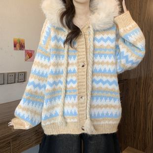 加厚宽松减龄洋气可爱针织开衫 新款 上衣 女装 毛领连帽毛衣外套大码