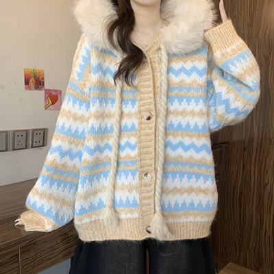 毛领连帽毛衣外套大码女加厚宽松