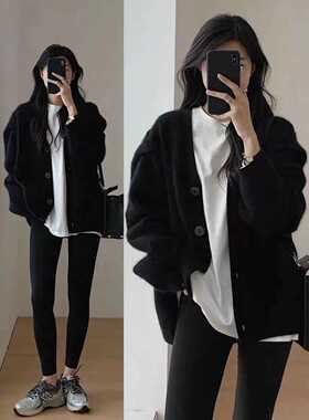 加大码女装黑色毛衣开衫外套女春秋微胖mm显瘦宽松针织衫v领上衣