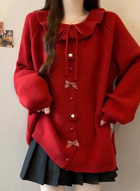 红色新年毛衣外套针织开衫大码女装微胖mm宽松慵懒显瘦洋气质减龄