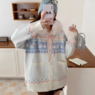 微胖宽松慵懒风高级感减龄上衣 女装 毛衣外套针织开衫 连帽毛领大码