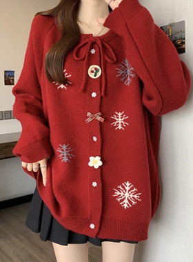 新年红色雪花毛衣外套女秋冬大码胖mm宽松慵懒设计感减龄针织开衫