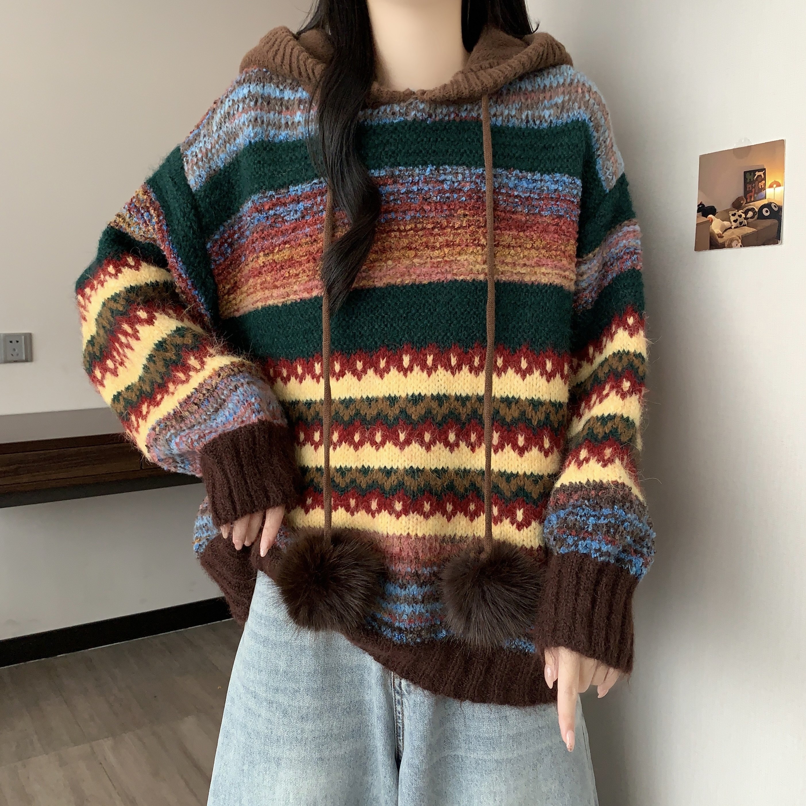 条纹连帽毛衣女秋冬大码针织衫