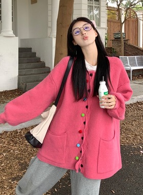 大码女装微胖mm软糯甜美毛衣外套女宽松慵懒风设计感针织开衫春秋