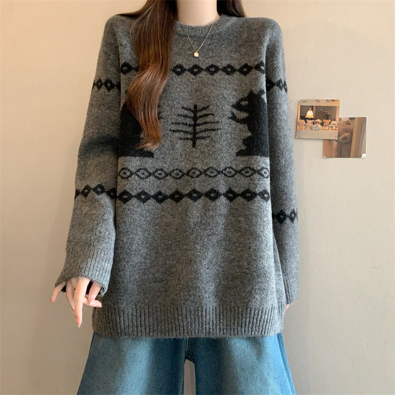 灰色长袖复古针织打底衫毛衣大码